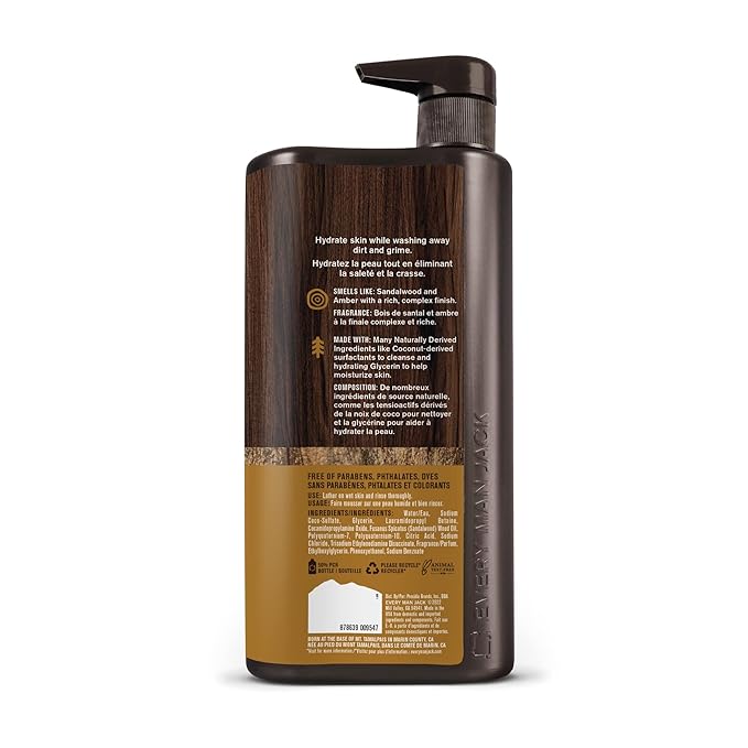 Every Man Jack Amber + Sandalwood Mens Body Wash for All Skin Types - Cleanse, Hydrate, and Smell Great - Free of Parabens, Phtalates, and Dyes - 33.8 fl oz (2 Pack)-BrightBean Baby