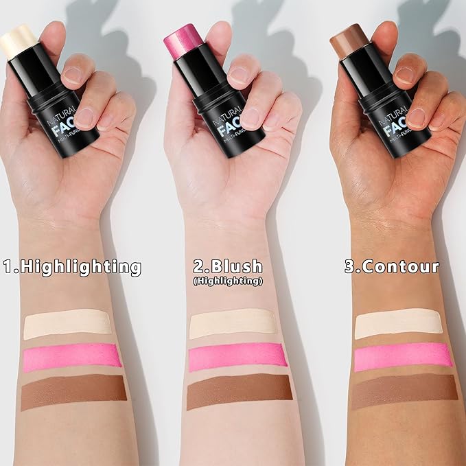 3Pcs Cream Contour Stick Makeup Kit, Shades with Highlighter Stick, Blush Stick and Bronzer Contour Stick for Sculpt the Cheeks, Long Lasting, Waterproof, Matte & Dewy Finish (LIGHT)-BrightBean Baby