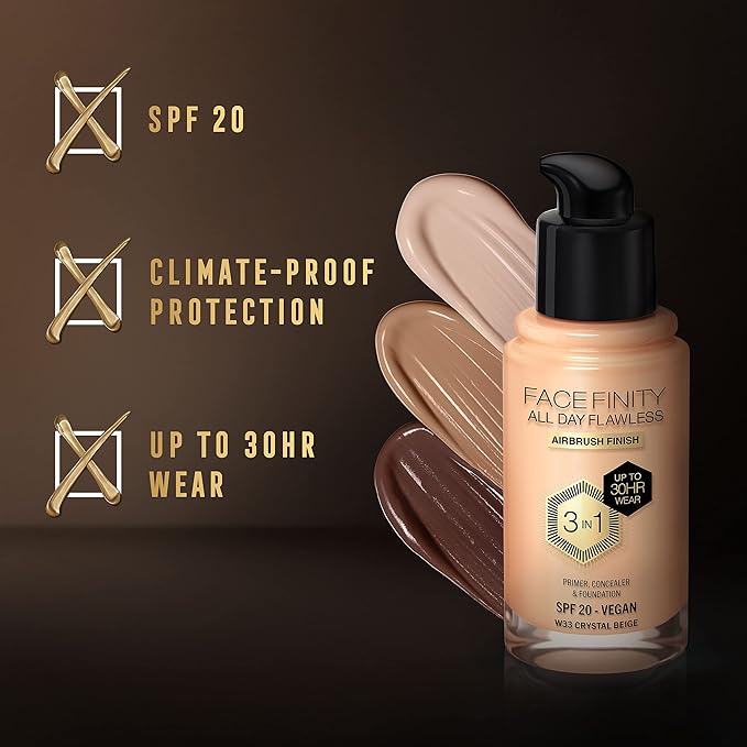 Max Factor Facefinity All Day Flawless 3 In 1 Foundation SPF 20, No. 33 Crystal Beige-BrightBean Baby
