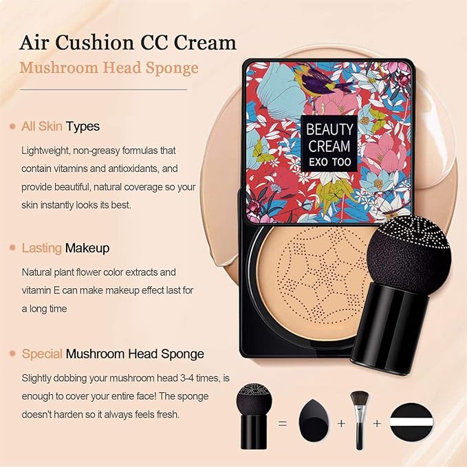 Mushroom Head Air Cushion CC Cream Foundation, Beauty Cream Exo Too BB Cream, Moisturizing, Long Lasting, Matte Concealer, Light Weight, WaterProof Liquid Foundation with 2PCS Mushroom Head-BrightBean Baby
