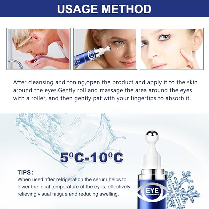 Caffeine Eye Serum,Under Eye Roller Serum with 360° Massage Ball,Eye Contour Cream for Dark Circles and Puffiness Wrinkles Fine Lines-BrightBean Baby