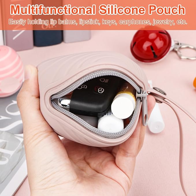 Desing Wish Silicone Lip Balm Holder with Silicone Zipper Pouch, Portable Lip Balm Keychain Sleeve - Silicone Storage Bag for Lip Balms/Small Cosmetics/Earphones/Keys - Pink-BrightBean Baby