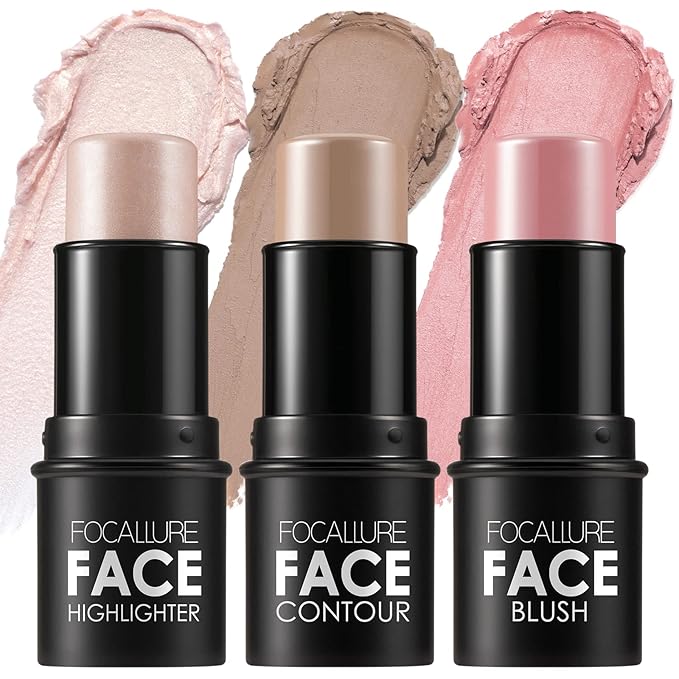 FOCALLURE 3 Pcs Cream Contour Sticks,Shades with Highlighter & Bronzer & Blush,Non-greasy Long-wear Face Contouring Pen,Easy to Sculpt the Face and Create a Lightweight Finishing Makeup,FAIR-BrightBean Baby