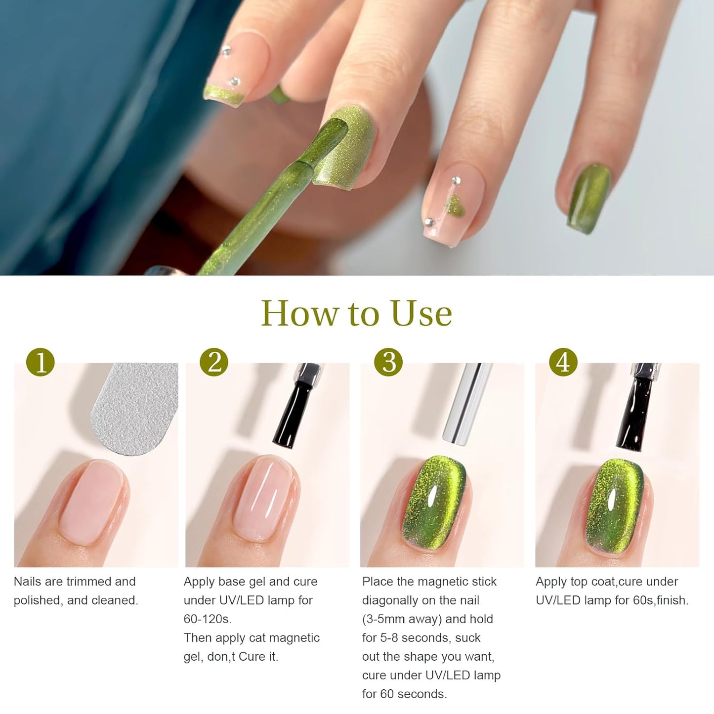 Cat Eye Gel Nail Polish with Magnet Stick, 15ml Glitter Holographic Nail Polish, Magnetic Effect Gel for Home DIY Manicure Gift, Jelly Green-BrightBean Baby