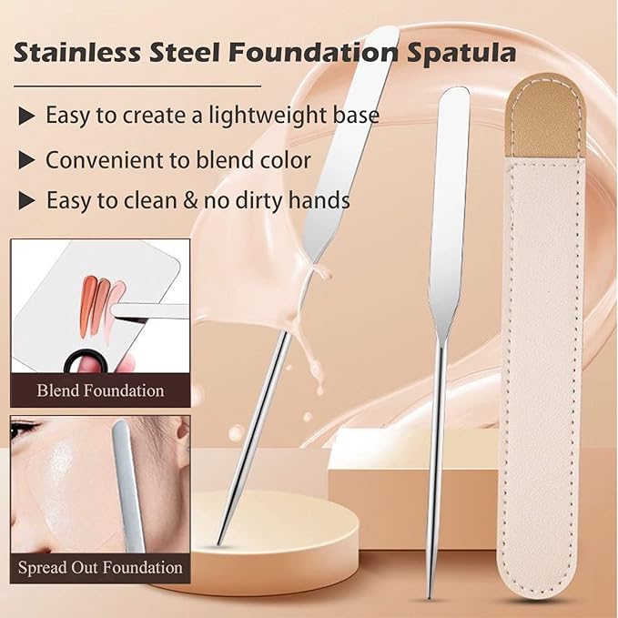 Picasso Makeup Spatula and Palette Set, Korean Makeup Spatula with Leather Cover, Stainless Steel Makeup Palette with Scraper Tool, Metal Foundation Palette for Cosmetic Pigment Blendingļ¼SSļ¼