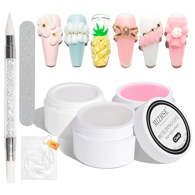 MIZHSE Solid Builder Gel for nails, 3 Colors Sculpting Gel for Nails, Clear White Pink Non-Sticky Hand 3D Nail Art Building Carving Modeling Hard Nail Extension Manicure Salon Home DIY Gift-BrightBean Baby