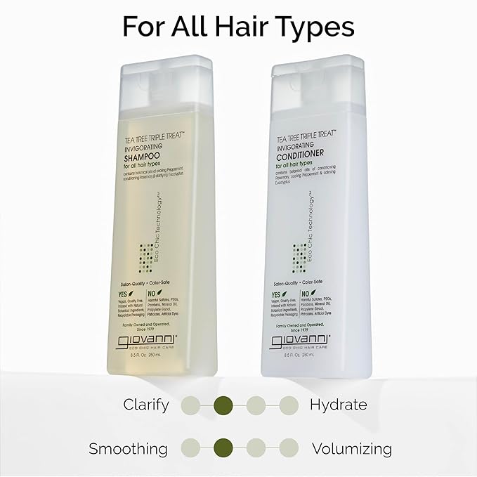 GIOVANNI Tea Tree Triple Treat Invigorating Shampoo & Conditioner Set - Cooling Peppermint, Eucalyptus, Rosemary, Helps Dry, Flaky Scalp, Salon Quality, Vegan, Cruelty Free - 8.5 oz Each-BrightBean Baby