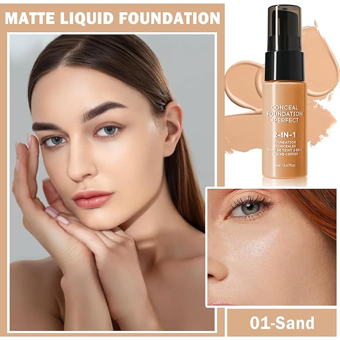 Concealer Full Coverage Foundation for Mature Skin,Oil Control Matte 2 in 1 Concealer liquid Foundation Makeup Waterproof Base De Maquillaje Alta Cobertura-01 Sand-BrightBean Baby