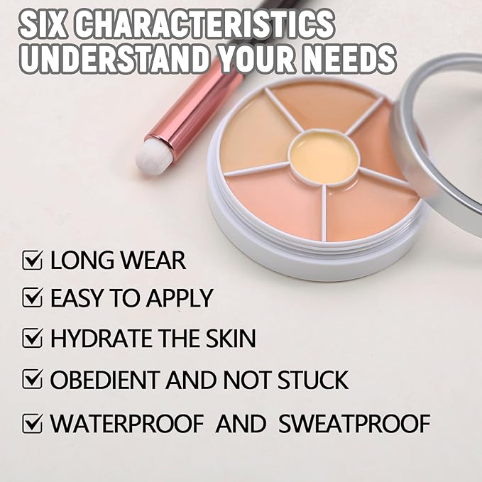 6 Colors Concealer Palette with Brush,Full Coverage,Cream Contouring Makeup Kit,Corrects Dark Circles Red Marks Scars-BrightBean Baby