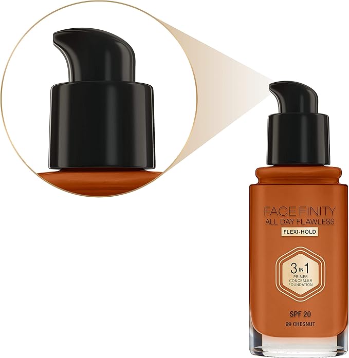 Max Factor Facefinity 3-in-1 All Day Flawless Liquid Foundation, SPF 20-99 Chestnut, 30 ml-BrightBean Baby