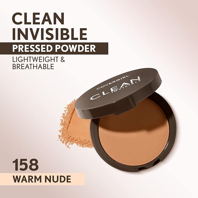 Covergirl Clean Invisible Pressed Powder, Lightweight, Breathable, Vegan Formula, Warm Nude 158, 0.38oz-BrightBean Baby