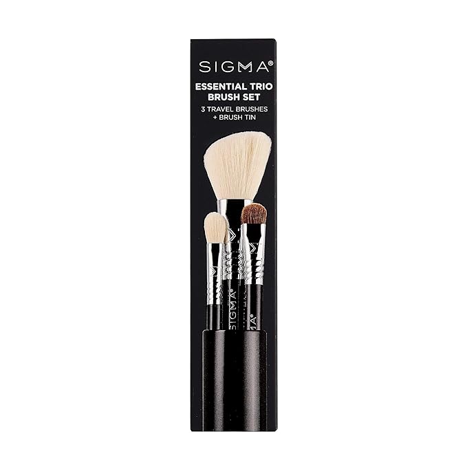 Sigma Beauty Travel Essential Trio - Makeup Brush Set for Foundation Powder Eyeshadow - 3 Tool Brushes with Brush Tin Holder - Skin Safe, Vegan Makeup Brushes for Travel - Black-BrightBean Baby