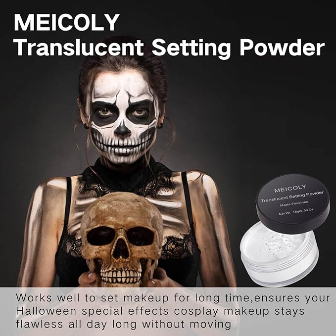 MEICOLY Talc-Free Setting Powder with Sifter,Long Lasting Loose Face Powder,Translucent Powder Colorset Powder,Matte Finishing White Face Paint Setting Powder for Halloween SFX Makeup,Oil Control-BrightBean Baby