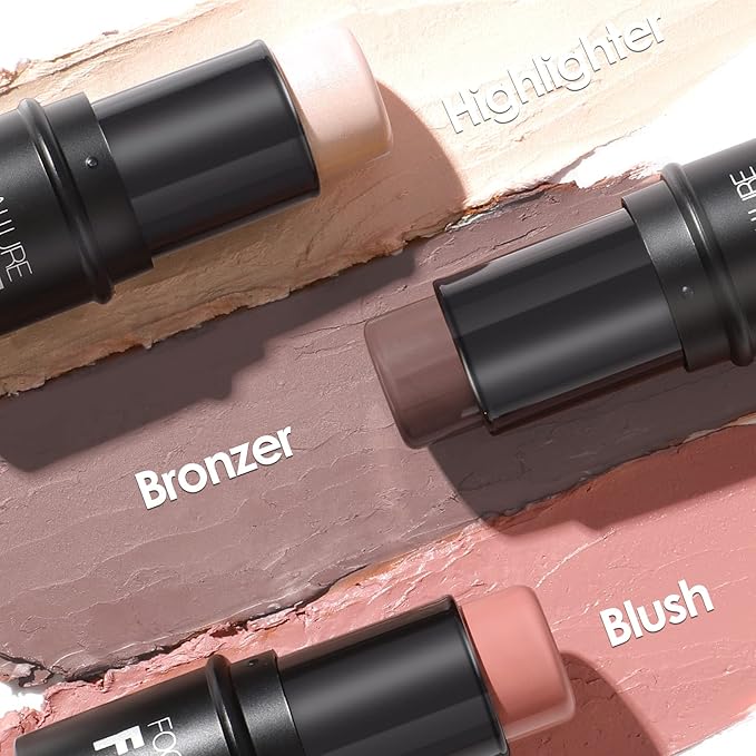 FOCALLURE 3 Pcs Cream Contour Sticks,Shades with Highlighter & Bronzer & Blush,Non-greasy Long-wear Face Contouring Pen,Easy to Sculpt the Face and Create a Lightweight Finishing Makeup,FAIR-LIGHT-BrightBean Baby