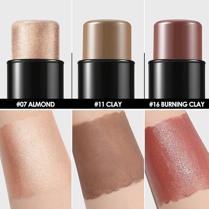 FOCALLURE 3 Pcs Cream Contour Sticks,Shades with Highlighter & Bronzer & Blush,Non-greasy Long-wear Face Contouring Pen,Easy to Sculpt the Face and Create a Lightweight Finishing Makeup,MEDIUM-BrightBean Baby