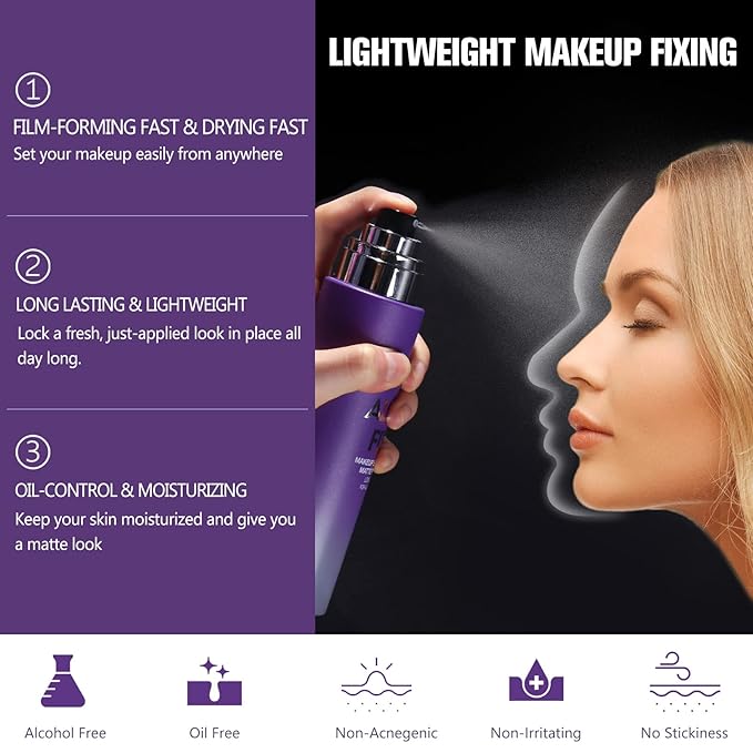 Long Lasting Makeup Setting Spray Kit- 6.76 Fl oz Hydrating Matte Finish Mist Lightweight Face Make up Fixer +Travel Size Spray Bottle+Sponge Puff Makeup Set-BrightBean Baby