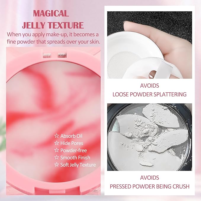 Oil Control Pressed Setting Powder, Matte Soft Jelly Texture Powder-free Face Powder, Long-Lasting Waterproof Pressed Powder Makeup, Flawless Lightweight Face Cosmetics - Pink-BrightBean Baby