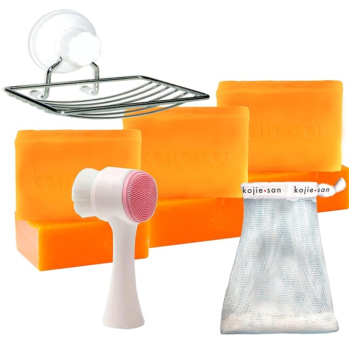 Kojie San Face & Body Skin Brightening Shower 9pc Set - the Original Kojic Acid Soap that Helps Reduce Dark Spots 6 x 135g Bars, Soap Dish and Facial Cleansing Brush…-BrightBean Baby
