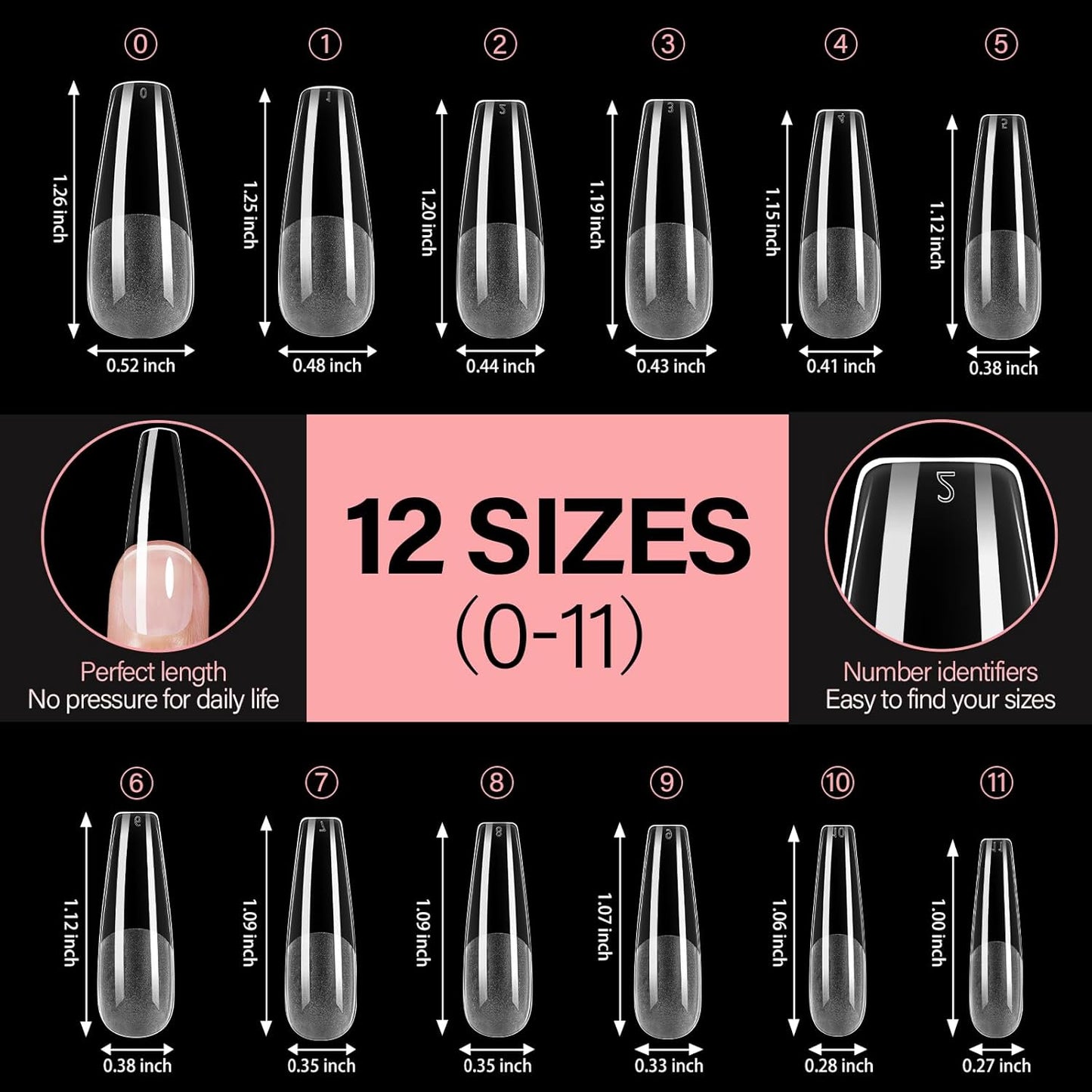 AILLSA Long Coffin Nail Tips Half Matte Full Cover Nails Tips Clear Acrylic Pre-Shaped Tips Flase Press on Nail Tips for Extentions Nails Manicure Salon DIY 216PCS 12 Sizes-BrightBean Baby