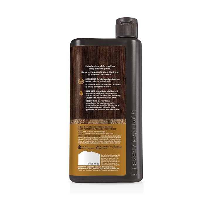 Every Man Jack Amber+Sandalwood Hydrating Mens Body Wash for All Skin Types-Cleanse, Nourish, and Hydrate Skin with Naturally Derived Ingredients-Paraben Free, Phthalate Free, Dye Free-24oz(Pack of 2)-BrightBean Baby