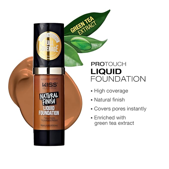 Kiss New York Professional Liquid Foundation - Lightweight and Hydrating Formula, Natural Finish, Control Shine, Cover Pores, Medium to Full Coverage, Green Tea Extract (Cappuccino)-BrightBean Baby