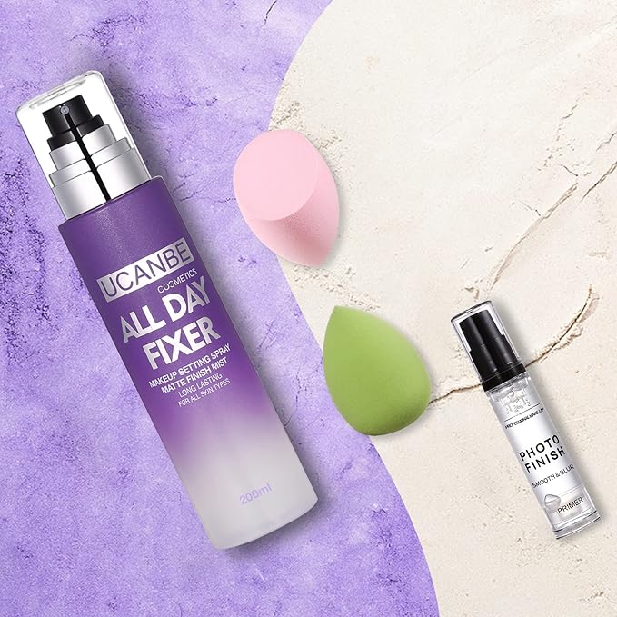 UCANBE Makeup Setting Spray + Face Primer + Make Up Sponge, Gel-Based Hydrating Primer, Lightweight, Long Lasting Matte Finishing Spray,Beauty Blender Set-BrightBean Baby