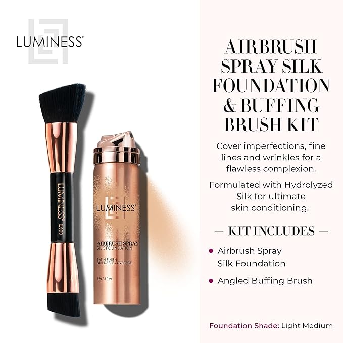 LUMINESS Silk Airbrush Spray Foundation & Buffing Brush Kit - Light Medium, Unisex, Skin Foundation Concealer-BrightBean Baby