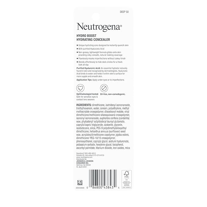 Neutrogena Hydro Boost Hydrating Concealer Stick for Dry Skin, Oil-Free, Lightweight, Non-Greasy and Non-Comedogenic Cover-Up Makeup with Hyaluronic Acid, 50 Deep, 0.12 Oz-BrightBean Baby