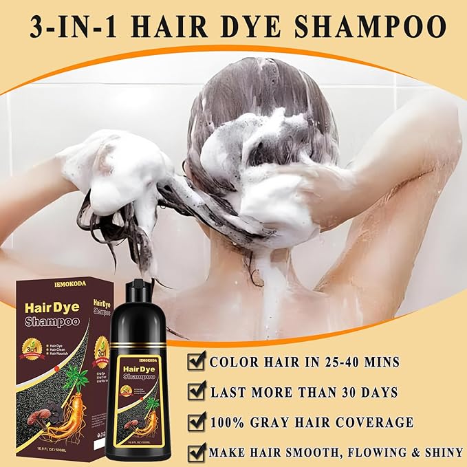 Black Tea Hair Dye Shampoo 3 in 1 for Gray Hair, Long-lasting & Natual Hair Color Shampoo, Herbal Ingredients Natural Shampoo Hair Dye Effect in Minutes, Gifts for Men Women 500ml-BrightBean Baby