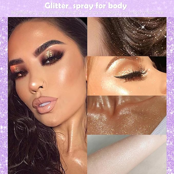 Highlighter Powder Spray, 20ML Cosmetic Grade High Gloss Body Shimmer Powder Fairy Dust Highlighter Sparkle Face Makeup Setting Magic Diamond Glitter Spray Shimmer Face Body Skin Hair Clothes-BrightBean Baby