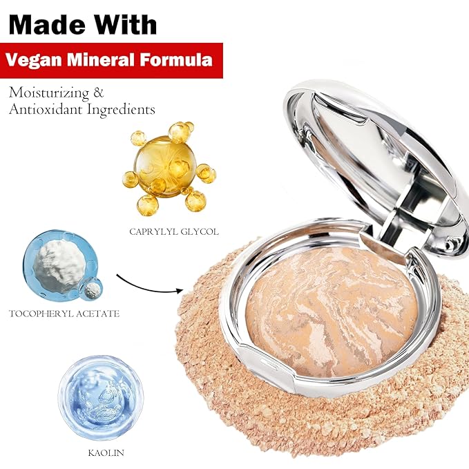 Marbleized Baked Foundation Makeup, Balance and Brighten Color Correcting Powder Foundation - Buildable Light to Medium Coverage - Demi-Matte Natural Finish (#002 LIGHT, 0.32 Oz)-BrightBean Baby