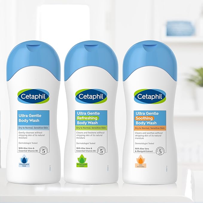 Cetaphil Ultra Gentle Refreshing Body Wash, For Dry To Normal, Sensitive Skin, Aloe Vera, Vitamin B5, Hypoallergenic, Dermatologist Tested, Fragrance Free, 16.9oz Pack of 3-BrightBean Baby