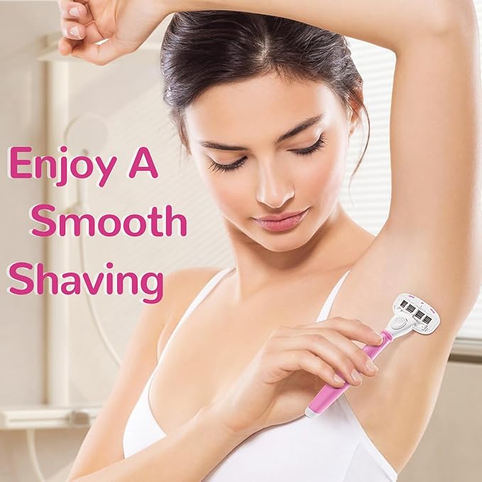 DreamGenius Razors for Women Include 2 Non-Slip Handles and 14 Blade Refills with a Shower Holder, 5 Premium Blades Women's Razors for Shaving with 360° Lubrication Reduces Irritation, Pink
