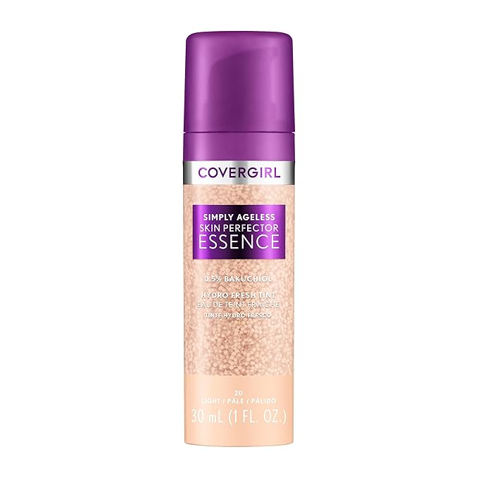 Covergirl Simply Ageless Skin Perfector Essence Foundation, 20 Light, Tinted Skin Perfector, Skincare Makeup Hybrid, Sheer Tint, Radiant Finish, Skin-Like Finish, Vegan Formula, 1.0oz-BrightBean Baby