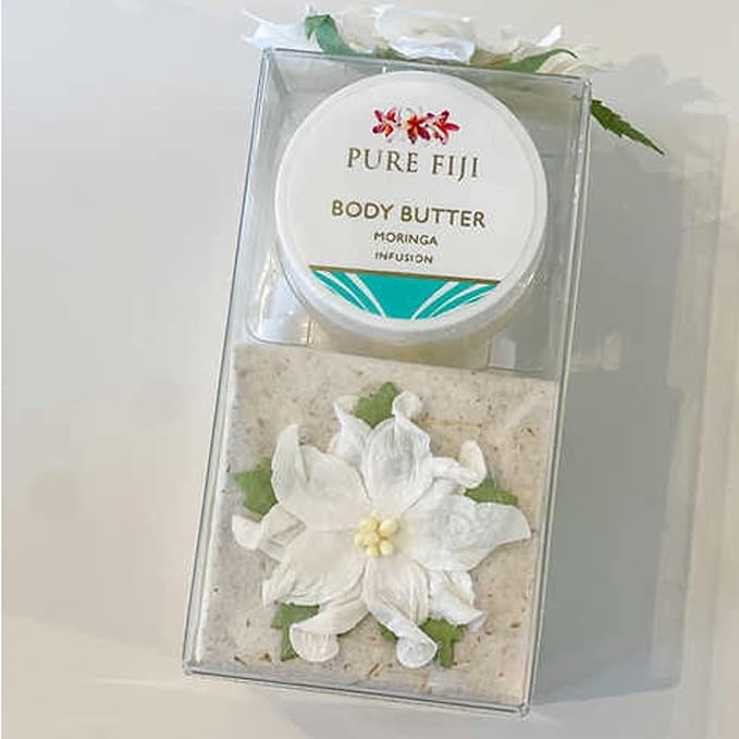 Pure Fiji Spa Gifts for Women and Man - Body Gift Box Sugar Glow with Exfoliating Scrub, Bath and Body Oil, Body Butter and Body Lotion, Shower Set, Moringa-BrightBean Baby