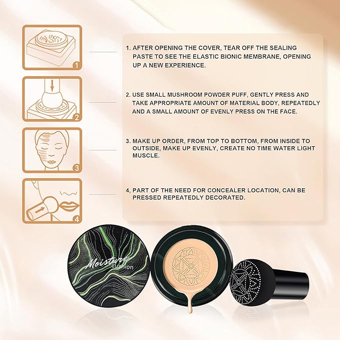 Mushroom Head Air Cushion CC Cream Foundation - Moisturizing & Long-Lasting BB Cream Concealer Makeup Base for All Skin Types, Brighten Long - Lasting Even Color Correcting Concealer (Deep)-BrightBean Baby