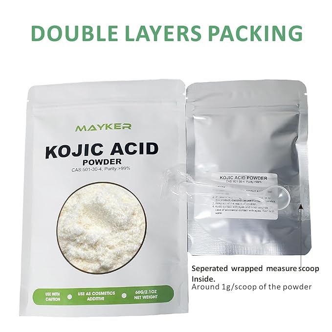 MAYKER Pure Kojic Acid Powder 2.1oz (60gram), Skin Whitening Lightening, Natural and Organic, High Purity 99.9%, Diminishes the Appearance of Dark Spots, Freckles & Scars, for DIY Soaps, Creams-BrightBean Baby