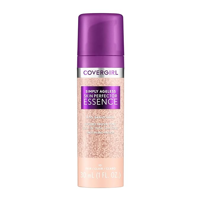 Covergirl Simply Ageless Skin Perfector Essence Foundation, 10 Fair, Tinted Skin Perfector, Skincare Makeup Hybrid, Sheer Tint, Radiant Finish, Skin-Like Finish, Vegan Formula, 1.0oz-BrightBean Baby