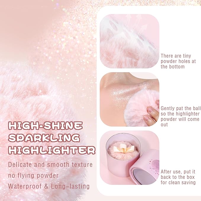 Highlighter Makeup Powder Plush Peach Ball Puff Glitter Shimmer Sparkle Loose Patting Powder for Body Face Hair Multi-Use High Gloss Shine Bright Illuminator Makeup Glossy Diamond Glow-BrightBean Baby