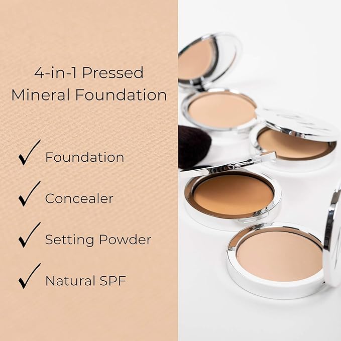 4-in-1 Pressed Foundation Powder with Natural SPF, Concealer & Finishing Powder, Medium to Full Coverage Foundation, Mineral-Based Powder (Halle, .35 oz)-BrightBean Baby