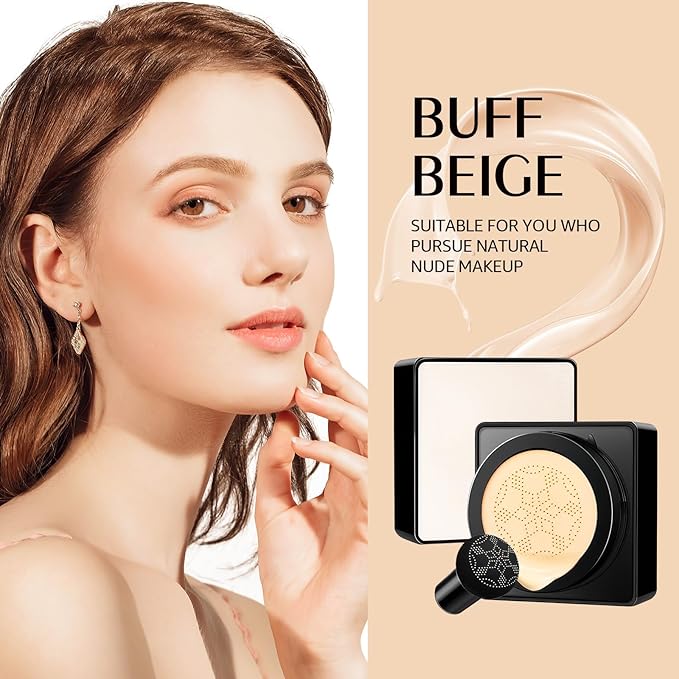 Air Cushion CC Cream Mushroom Head - Moisturizing & Oil Control Screw Lid Concealer Makeup Base, Primer Liquid Foundation Long Lasting with Mushroom Makeup Sponges for All Skin Types (Buff Beige)-BrightBean Baby