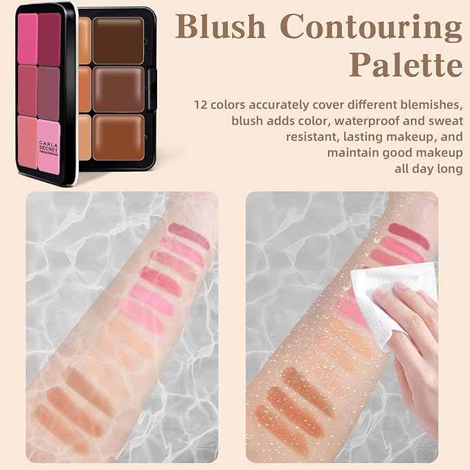 Cream Blush & Concealer Palette, 12 Colors, Long Wearing, Smudge Proof, Blendable Matte Finish, Face Makeup (02)-BrightBean Baby