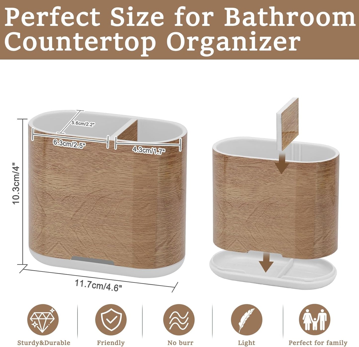 Toothbrush and Toothpaste Holder with Divider for Bathroom Countertop Organizer, 2 Slots Electric Toothbrush Holders Storage Caddy Drainage for Family, Kids(Wood Grain)-BrightBean Baby