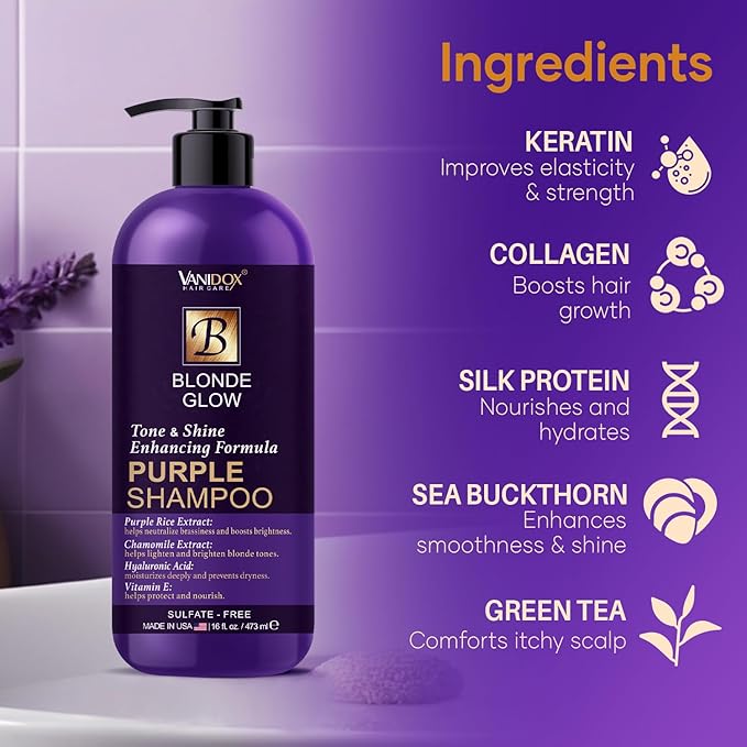Sulfate Free Brass Toning Purple Shampoo for Blondes, Brown Highlighted, or Bleached Hair, Infused with Purple Rice Extract, Hyaluronic Acid, Vitamin E, and Chamomile Extract (16 fl oz)-BrightBean Baby