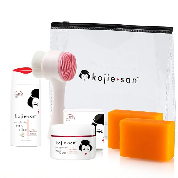 Kojie San Face & Body Complete Brightening Mini Set - 65 Gram x 2 Bars Soap, Body Lotion, Face Cream, and Facial Cleansing Brush-BrightBean Baby