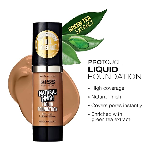 Kiss New York Professional Liquid Foundation - Lightweight and Hydrating Formula, Natural Finish, Control Shine, Cover Pores, Medium to Full Coverage, Green Tea Extract (Warm Honey)-BrightBean Baby