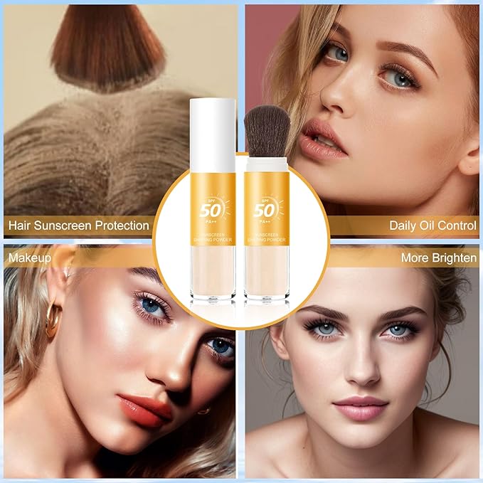 Mineral Sunscreen Setting Powder, SPF 50++ Mineral Setting Powder Sunscreen for Face with Soft Brush Powder Sunscreen for Scalp Matte Face Powder (1PC, 1.02 * 1.02 * 4.29)-BrightBean Baby