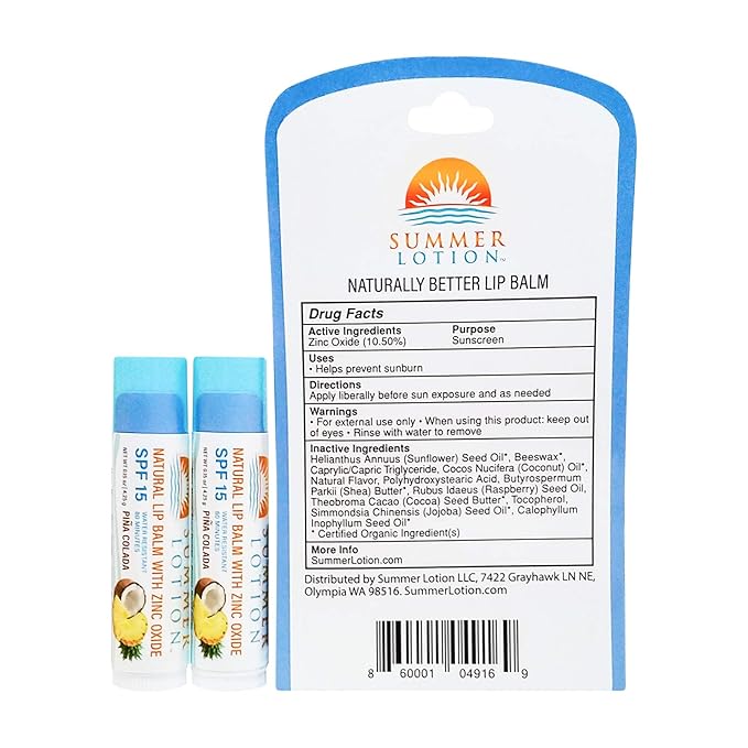 Natural Lip Balm with Zinc Oxide Sunblock by Summer Lotion, SPF 15 Lip Sunscreen 2-Pack, Water Resistant Chapstick, SPF Lip Protection for Everyone, (Pina Colada)-BrightBean Baby