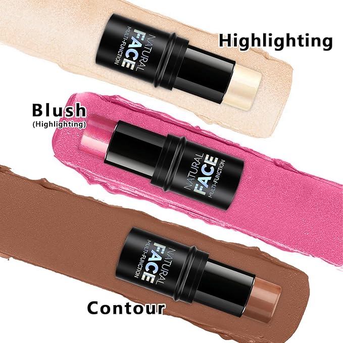 3Pcs Cream Contour Stick Makeup Kit, Shades with Highlighter Stick, Blush Stick and Bronzer Contour Stick for Sculpt the Cheeks, Long Lasting, Waterproof, Matte & Dewy Finish (LIGHT)-BrightBean Baby