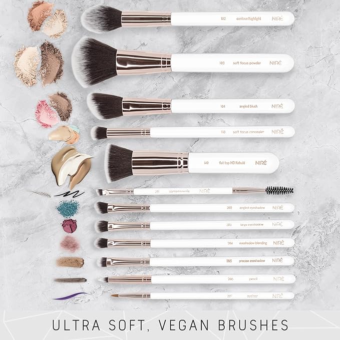 Niré Beauty White 15piece Award Winning Professional Makeup Brush Set: Vegan Makeup Brushes with Case, Makeup Sponge, Cleaner, Guide, Gift Box-BrightBean Baby